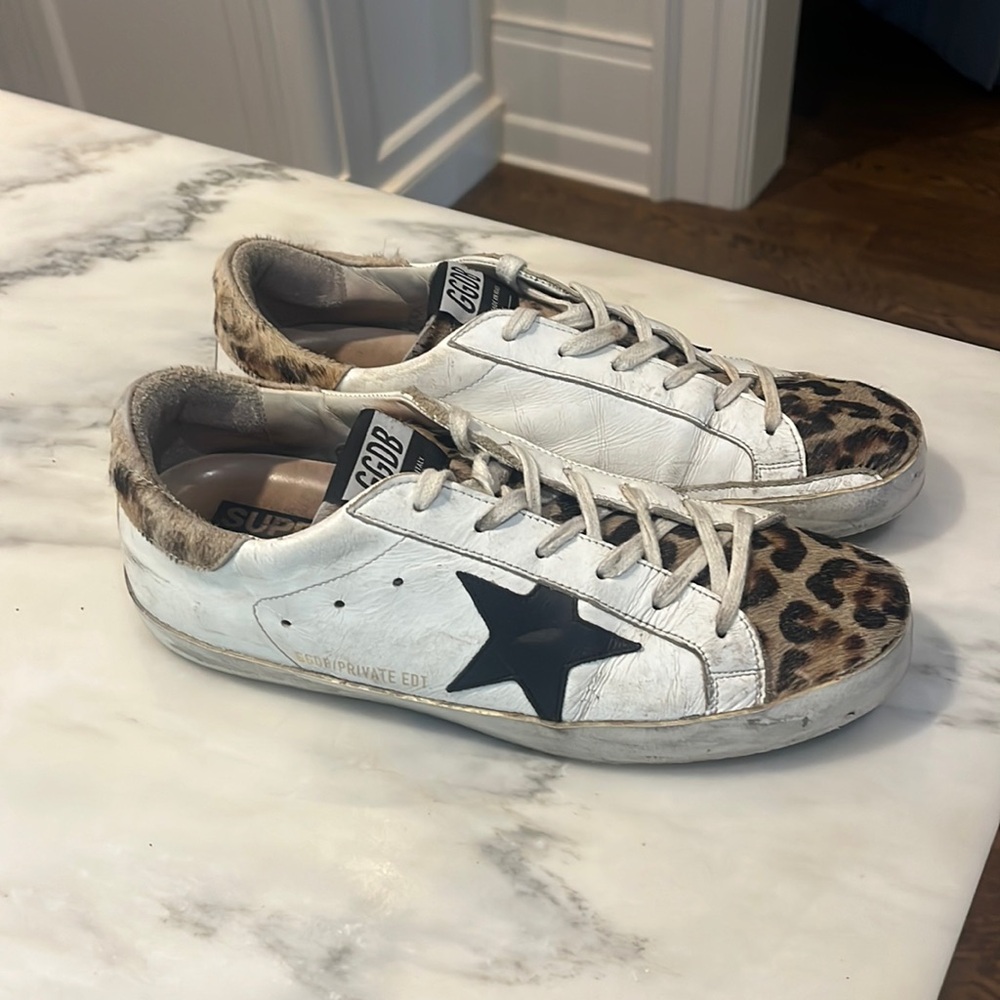 Golden Goose White Leather Sneakers with Leopard Toe and Black Star